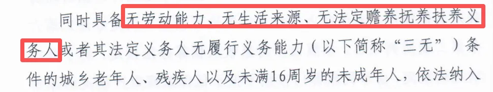 无劳动能力、无生活来源、无法定赡养义务人